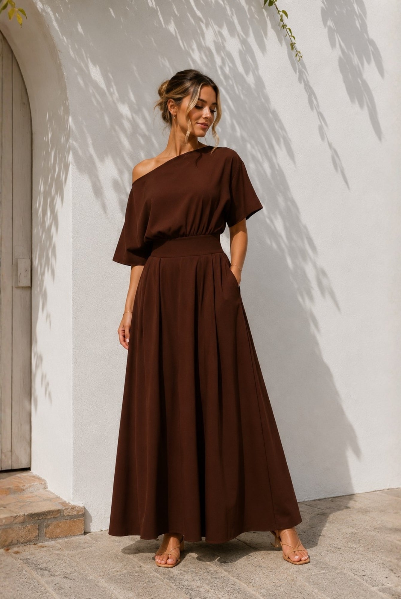 Women's brown boat neck cotton maxi dress, the Emmanuelle Dress in Brown by Esther & Co