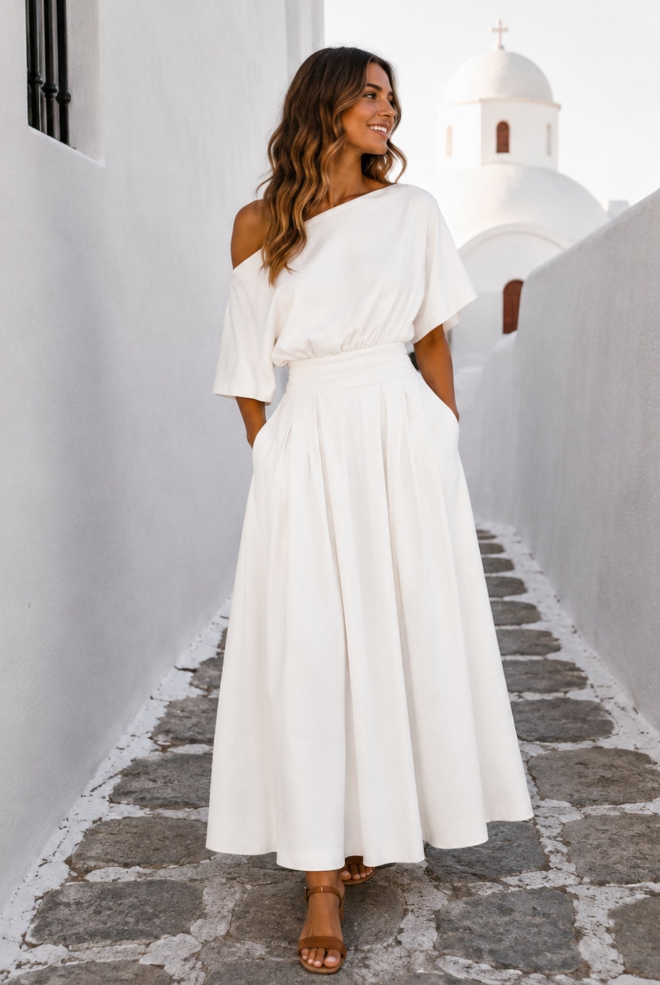 Women's white one shoulder maxi dress, the Emmanuelle Dress in White by Esther & Co