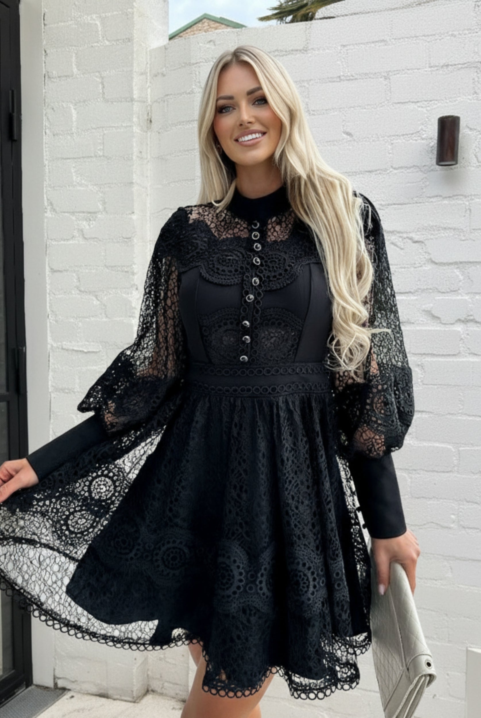 Eryndis Dress in Black womens black lace occasion dress styled outfit