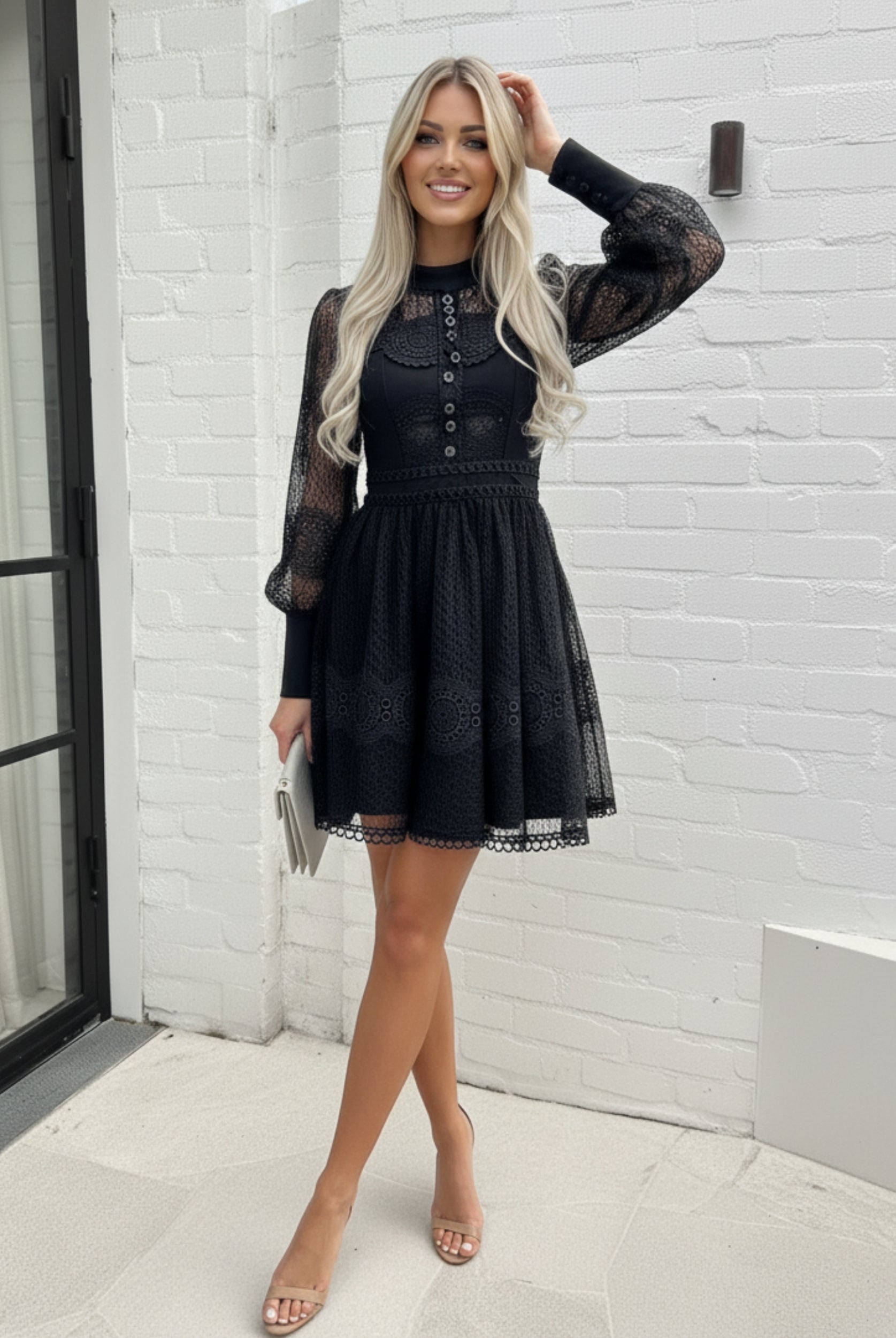 Eryndis Dress in Black womens black lace mini dress with balloon sleeves front view