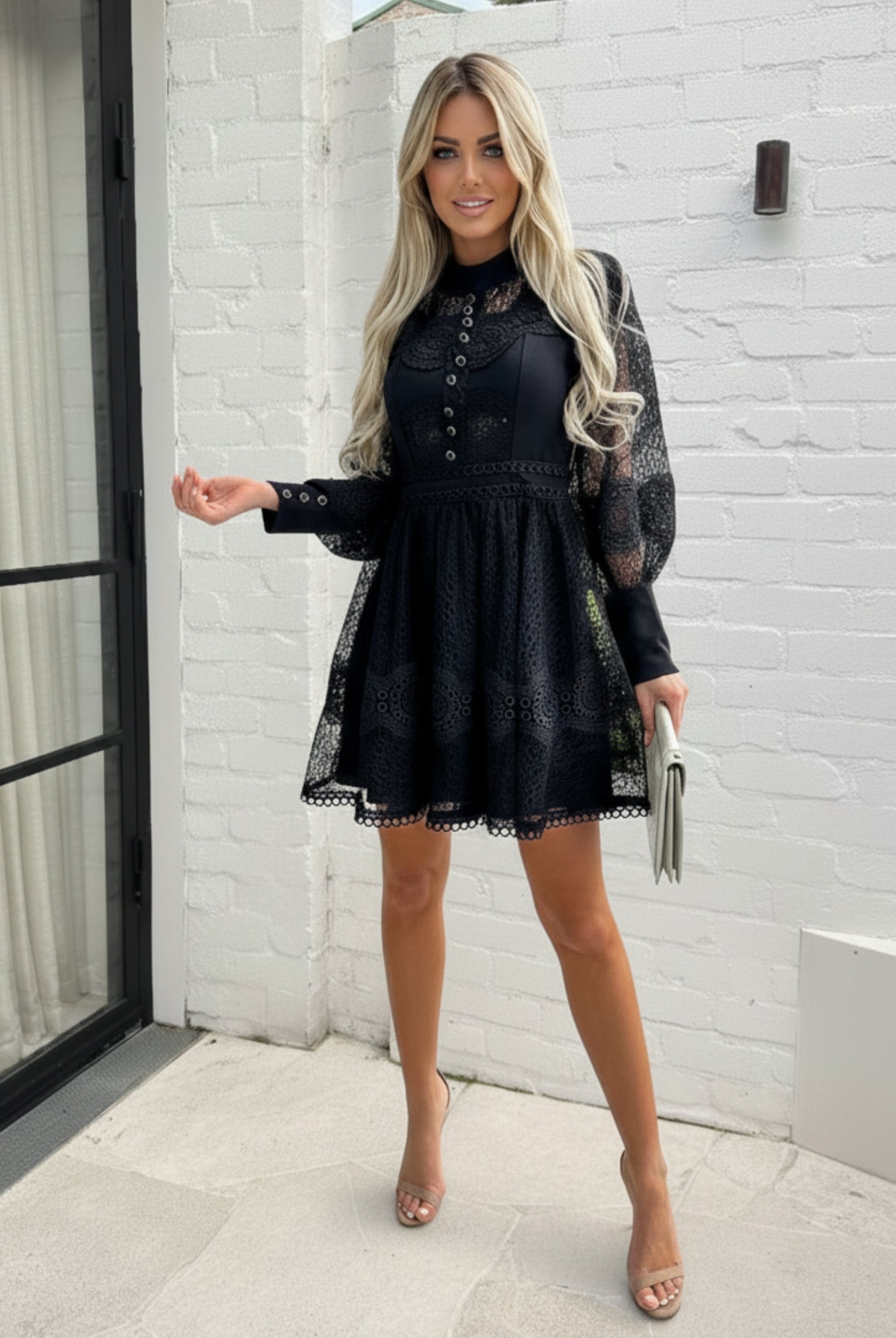 Eryndis Dress in Black black lace mini dress with scalloped hem full length