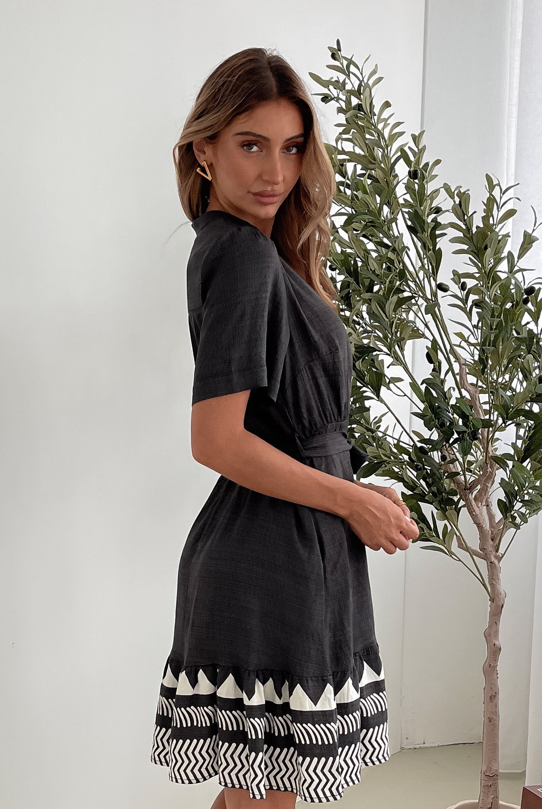 Laryssa black print dress, styled view