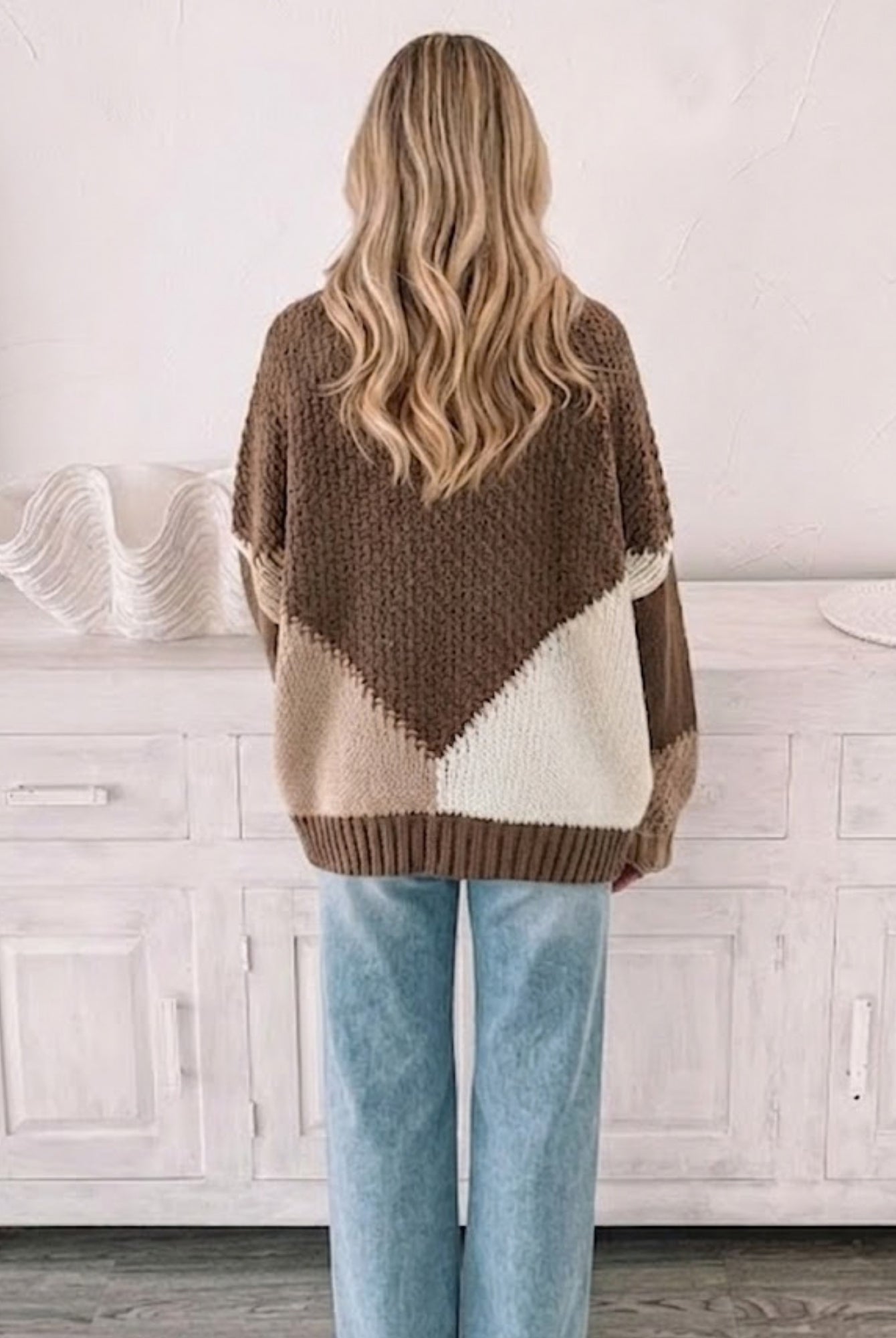 Back view of the women's cream multi colour block knit cardigan by Esther & Co