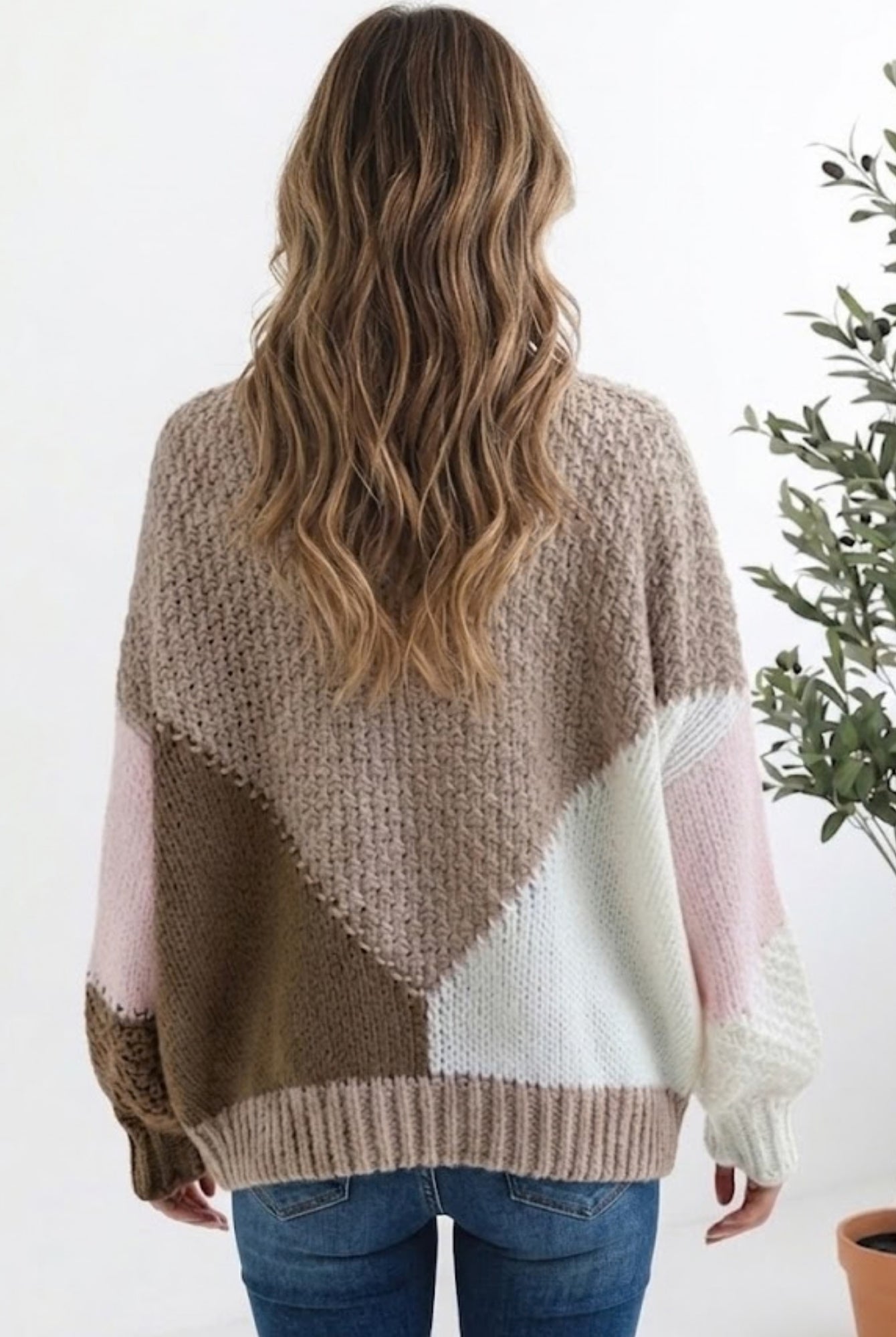 Back view of the women's latte colour block knit cardigan by Esther & Co