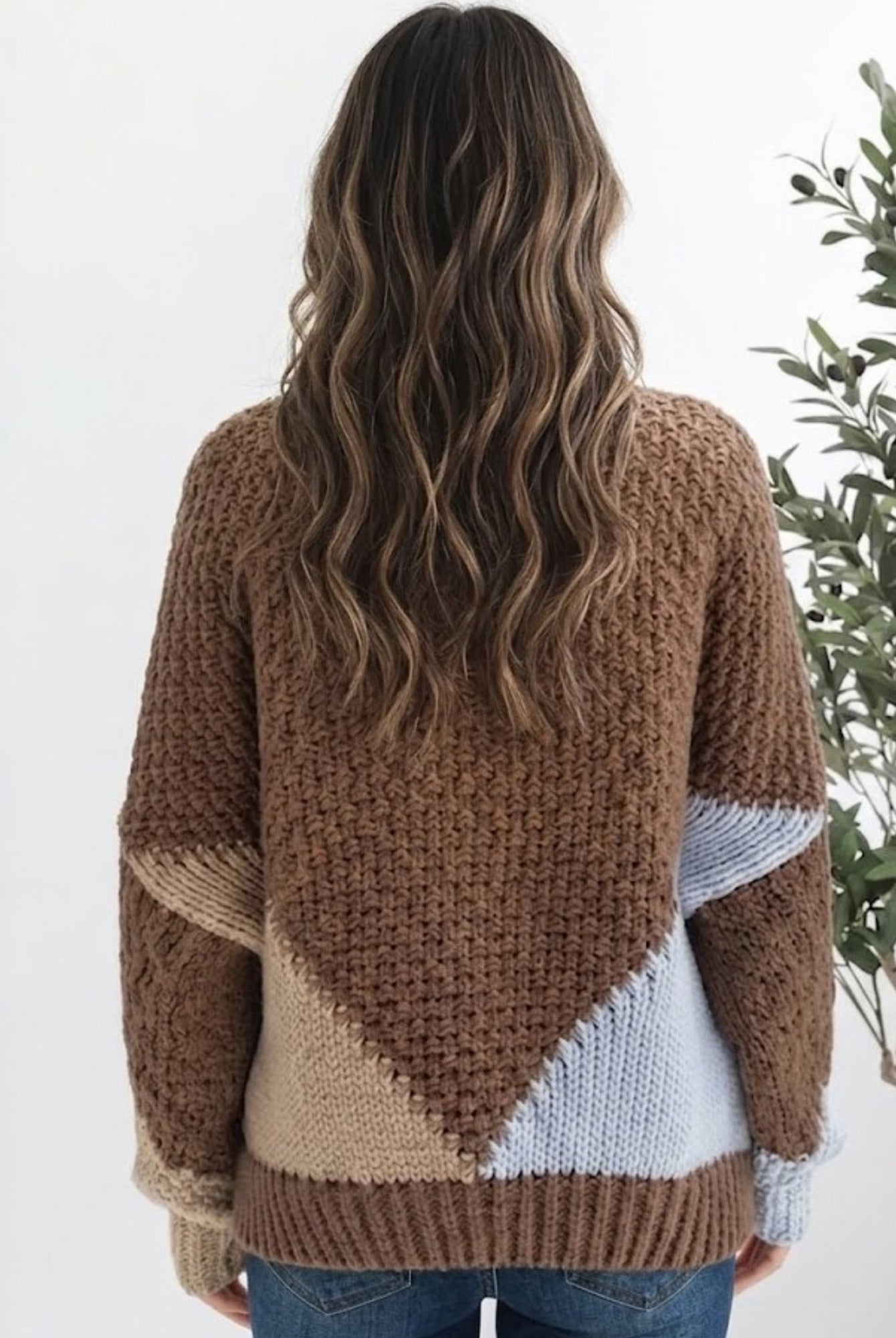 Back view of the women's mocha colour block knit cardigan by Esther & Co