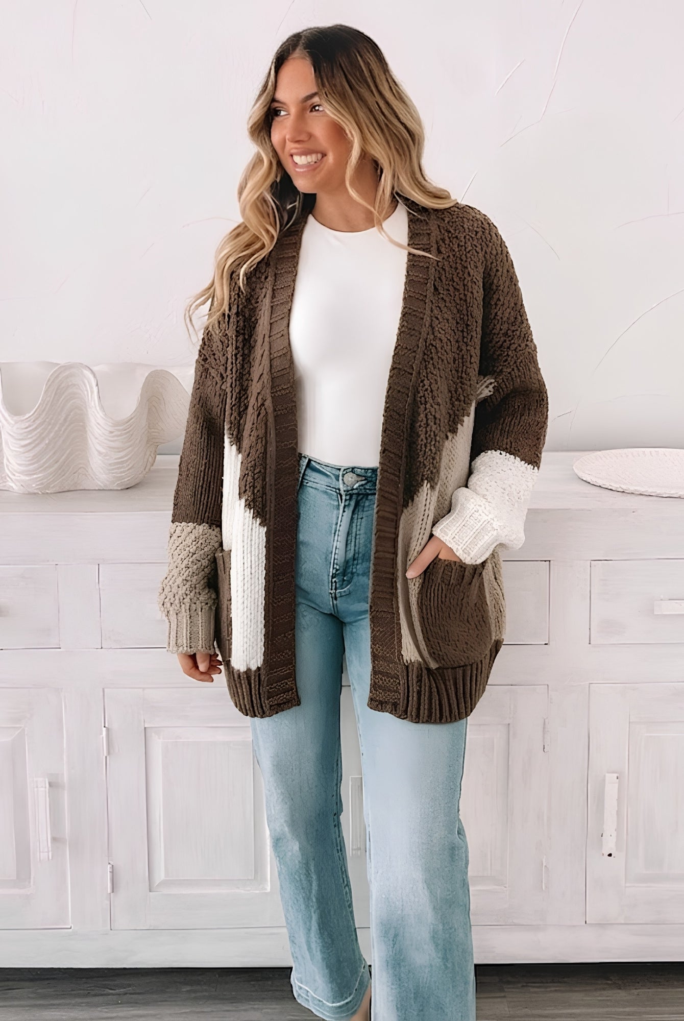 Women's cream multi chunky open front cardigan with geometric colour block pattern, the Felisha Knit in Cream Multi by Esther & Co