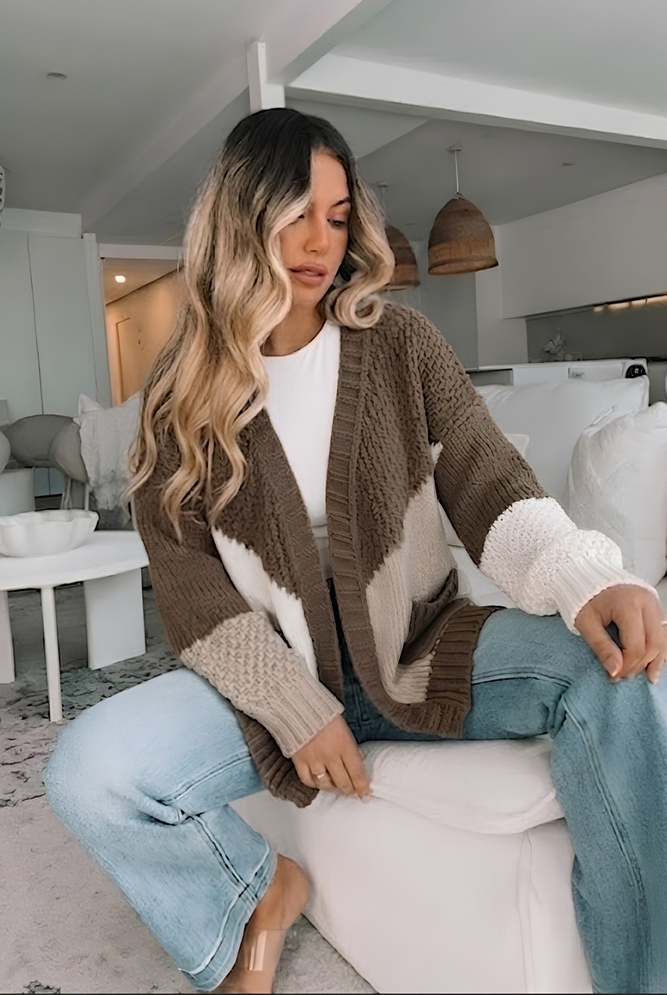 Women's oversized cream knit cardigan in mocha sand and cream tones by Esther & Co