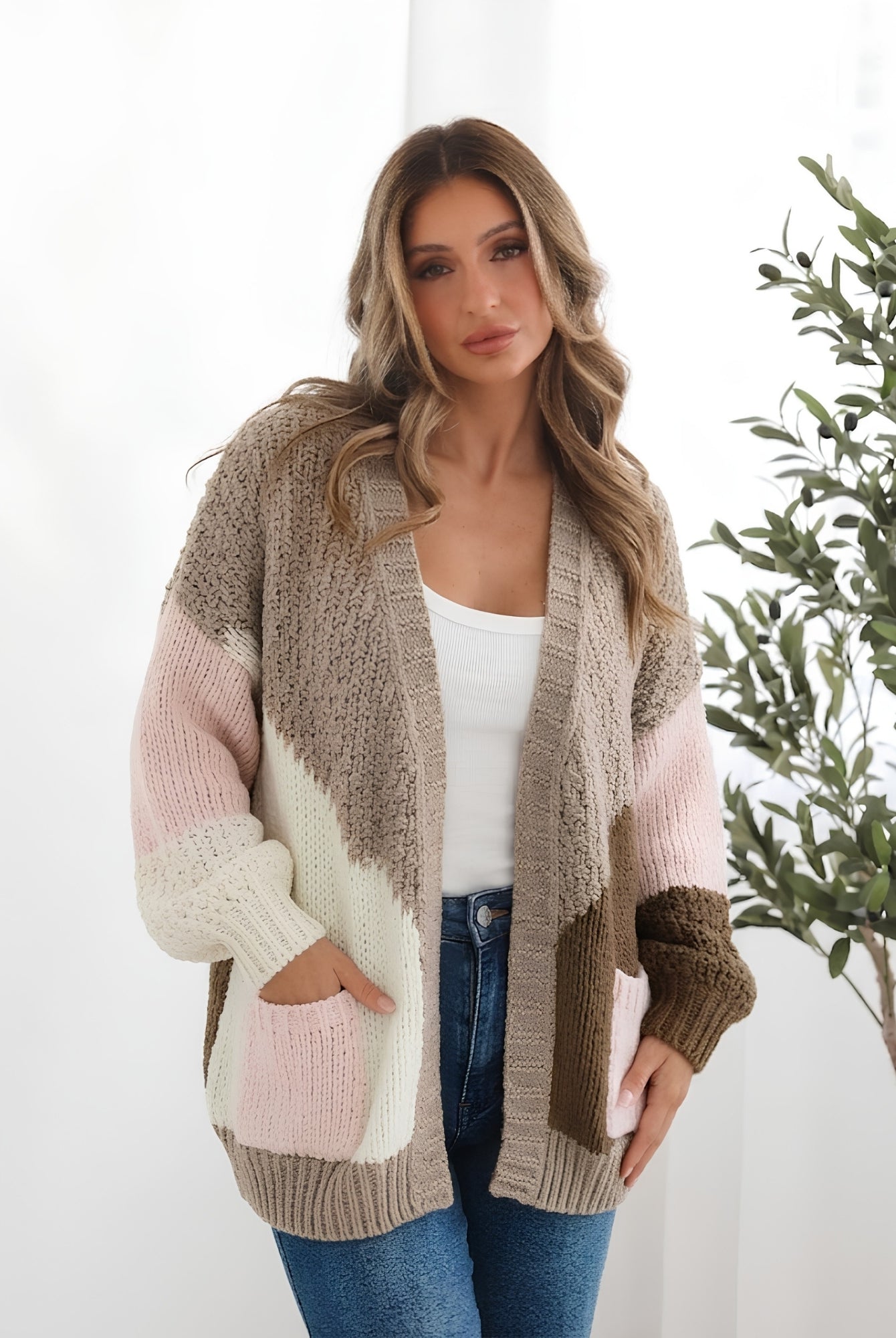 Women's latte chunky open front cardigan with geometric colour block pattern, the Felisha Knit in Latte by Esther & Co