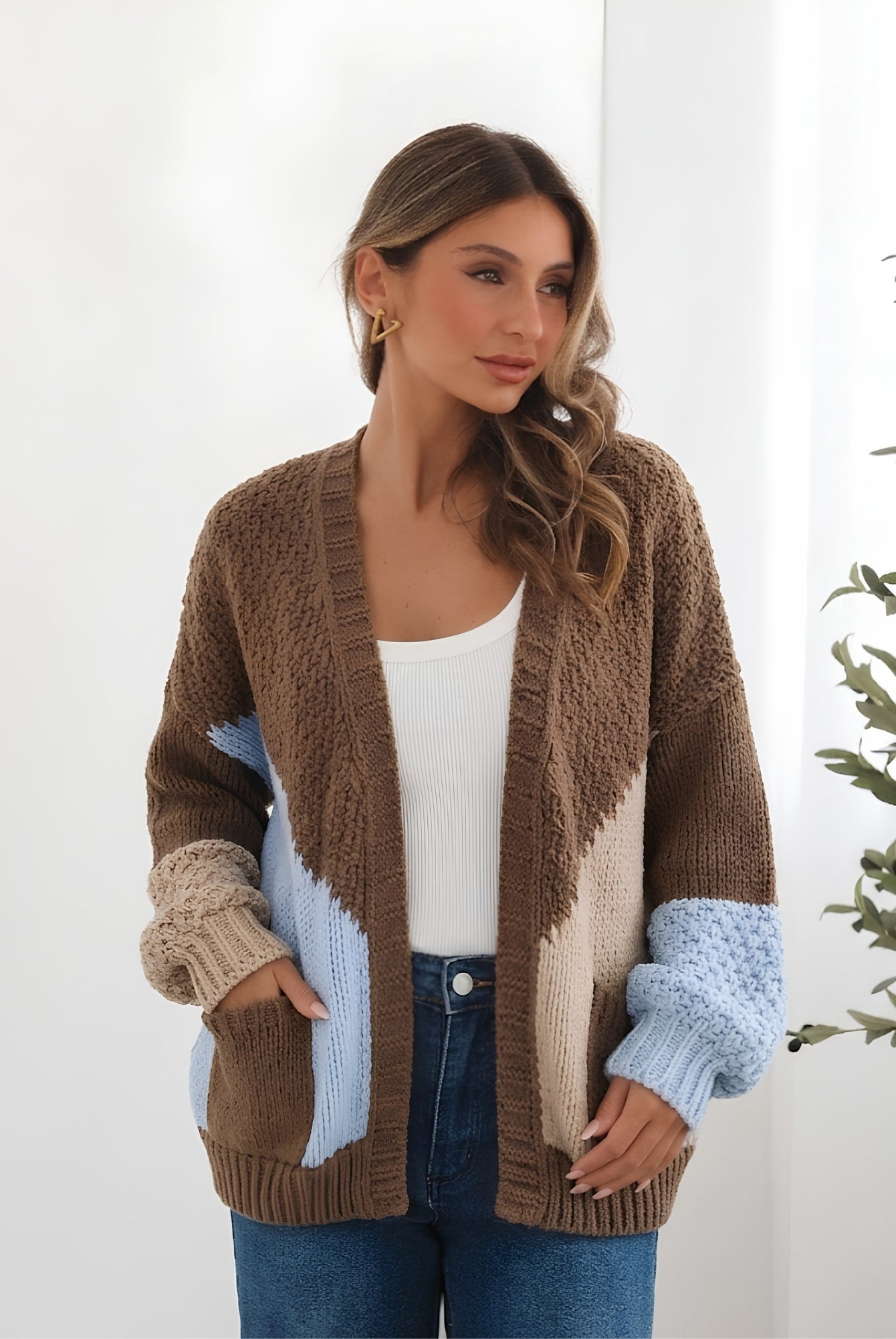 Women's mocha chunky open front cardigan with geometric colour block pattern, the Felisha Knit in Mocha by Esther & Co