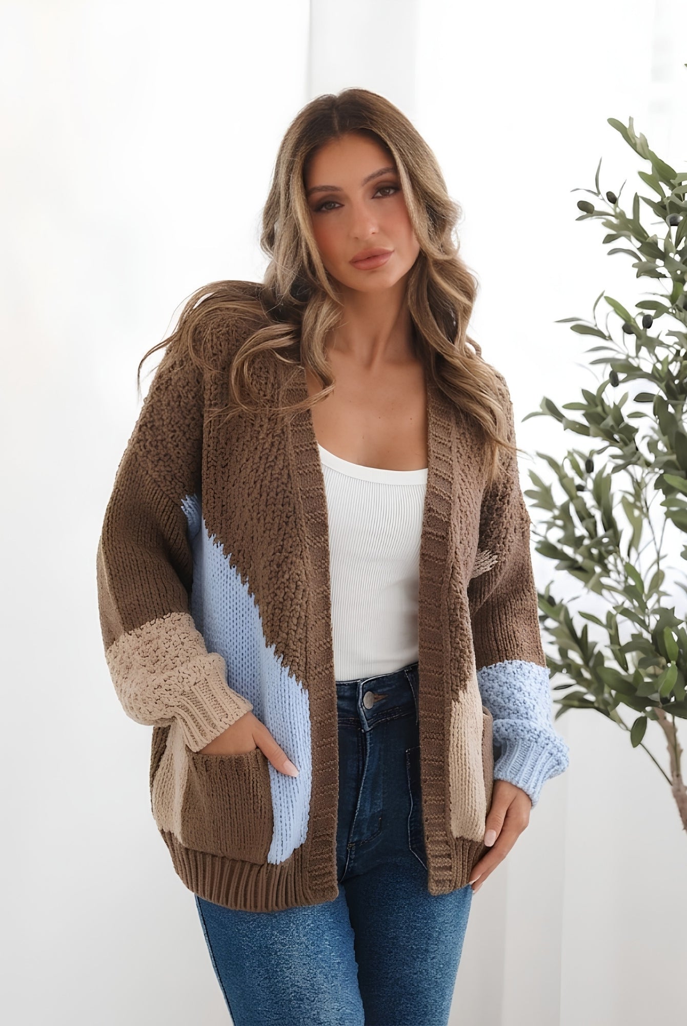 Women's oversized mocha knit cardigan in espresso and cream tones by Esther & Co