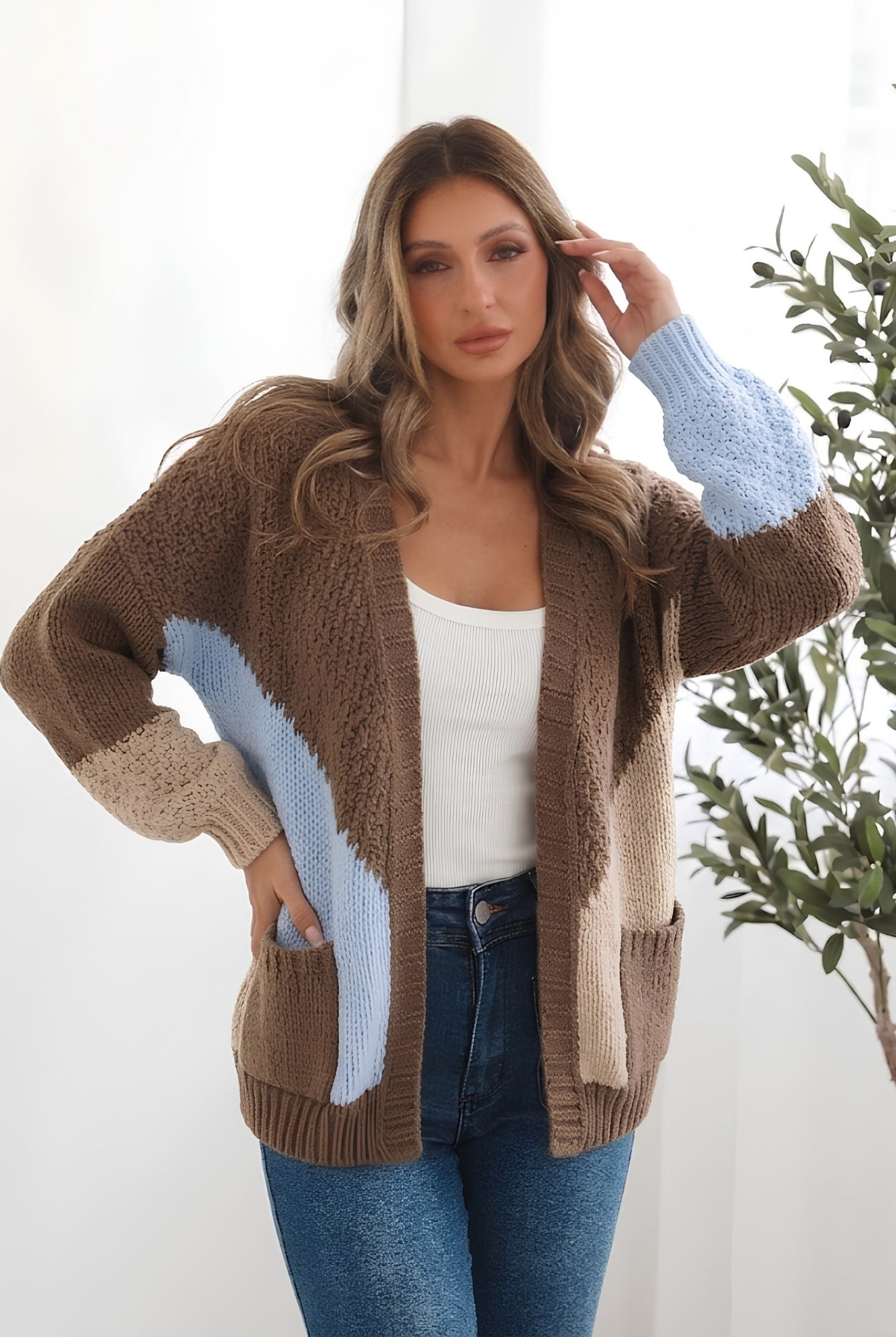 Women's mocha colour block knit cardigan with front pockets by Esther & Co