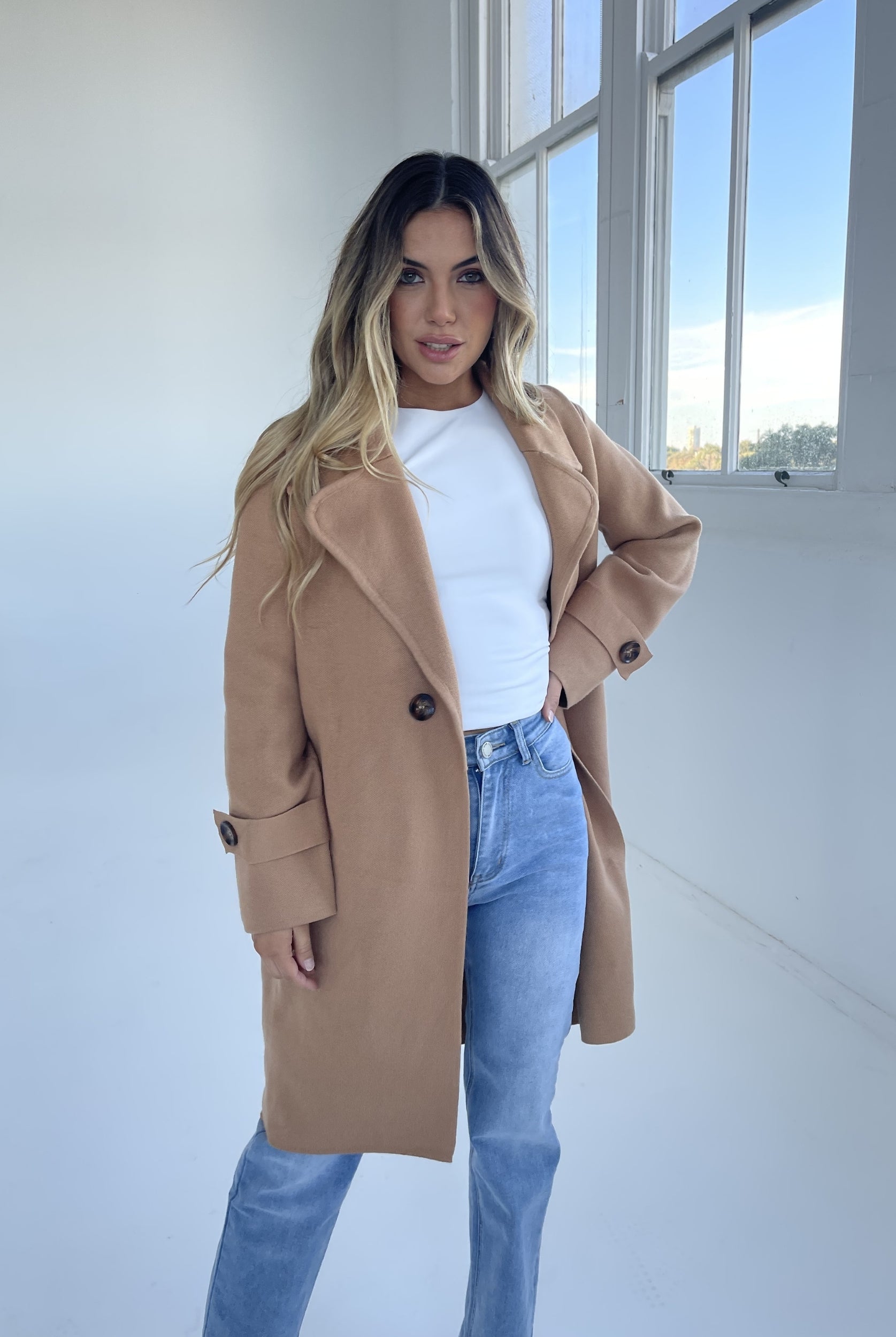 Fireplace Coat in Camel camel open-front knit coat with faux leather cuffs side view