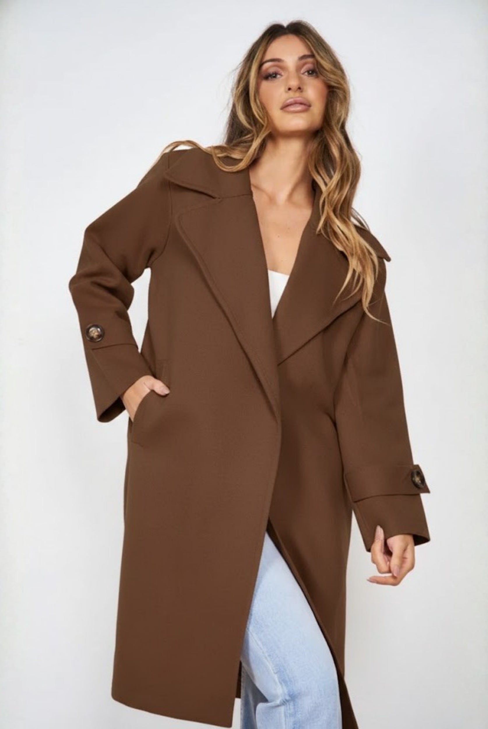 Fireplace Coat in Mocha womens knit trench coat in rich mocha front view