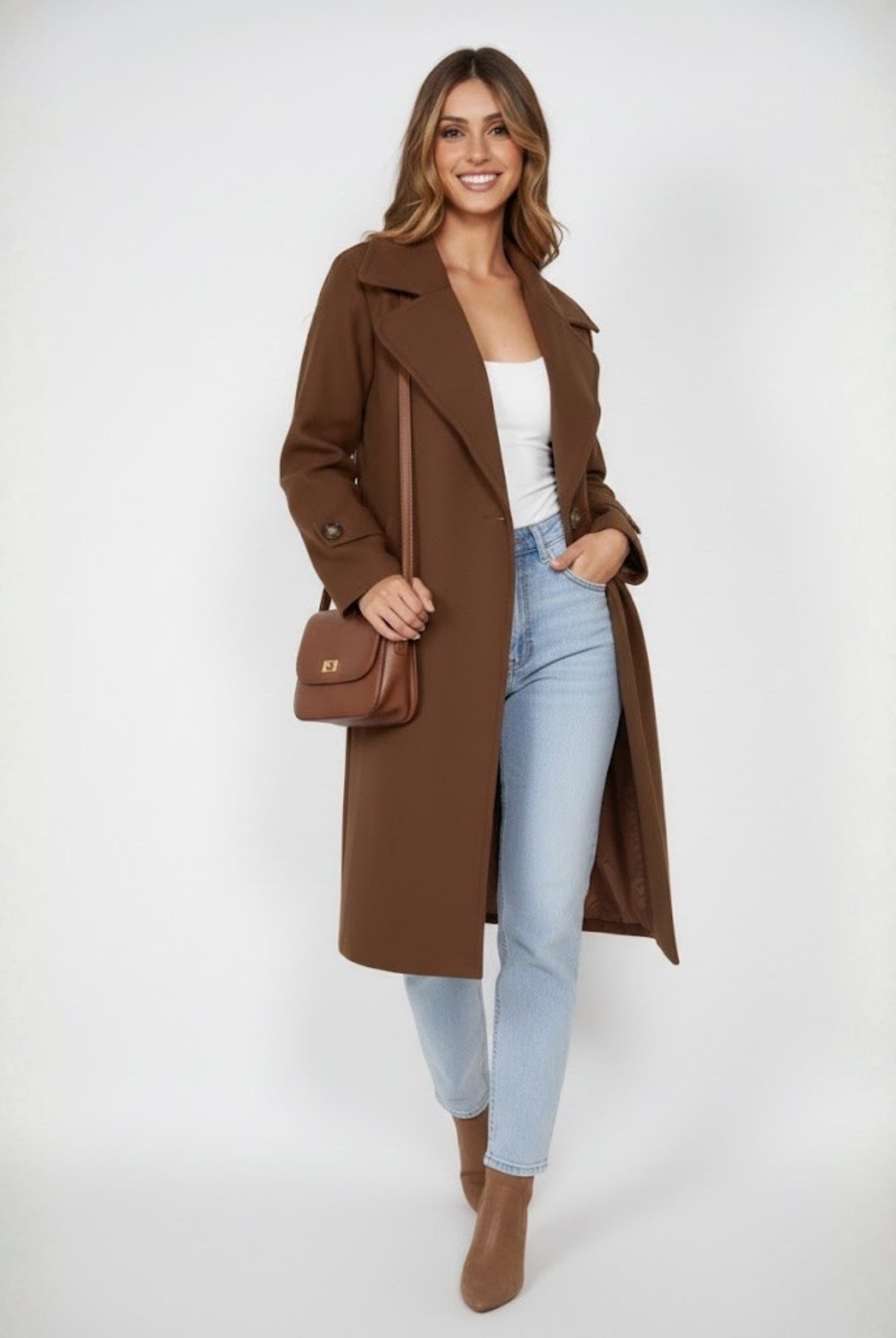 Fireplace Coat in Mocha womens mocha knit trench coat styled outfit