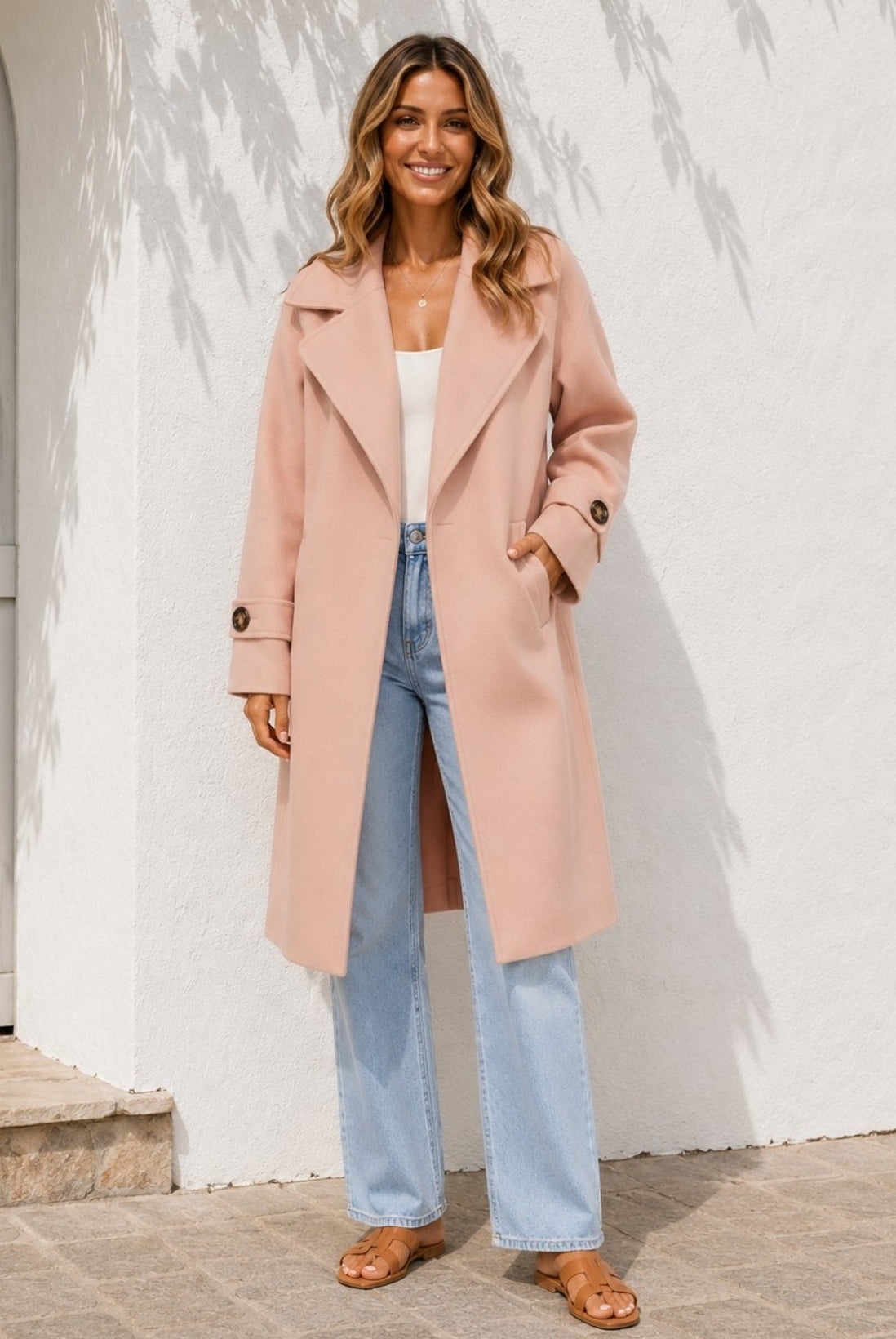 Women's soft pink open front knit trench coat, the Fireplace Coat in Pink by Esther & Co