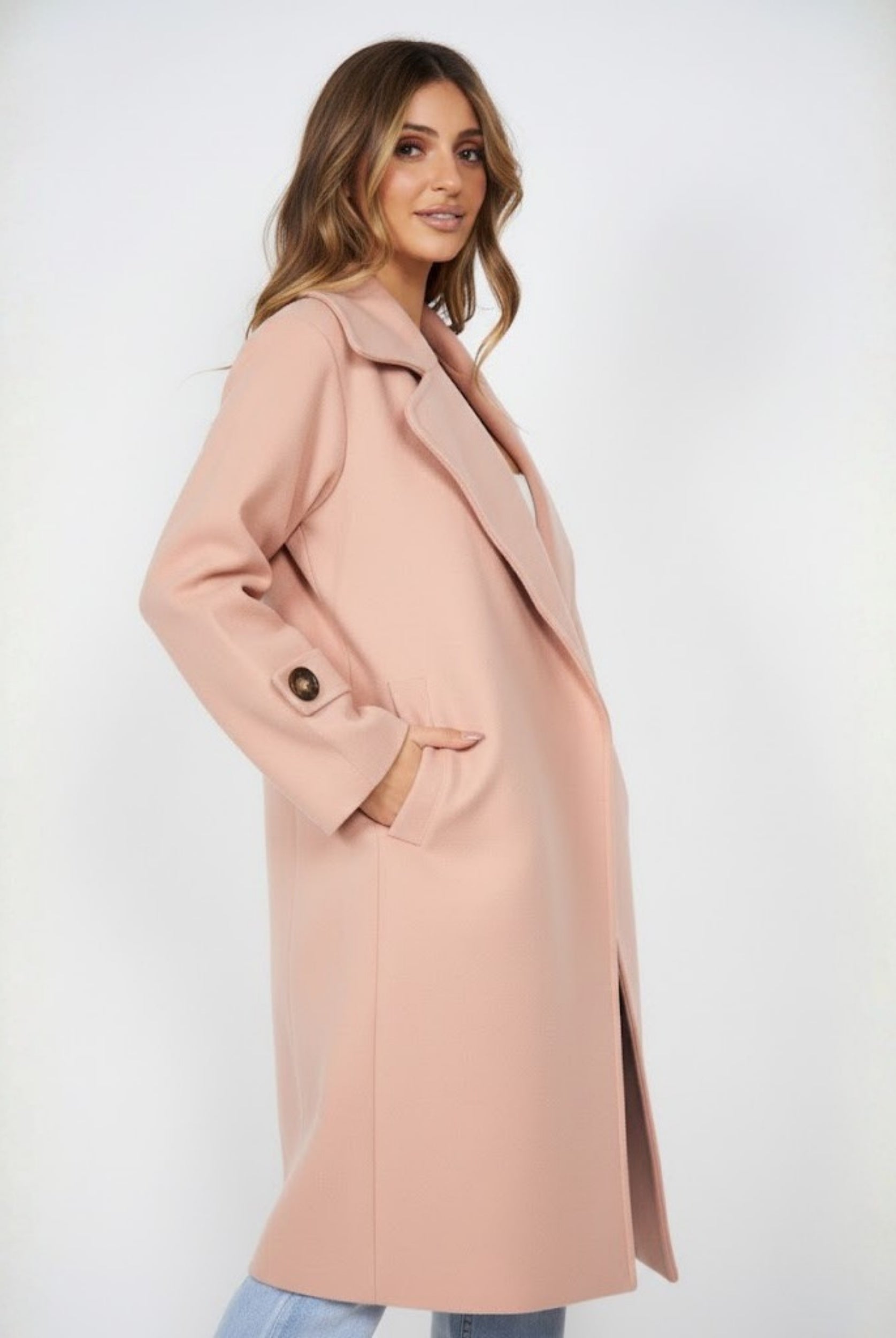 Front view of the Fireplace Coat Pink showing the open-front longline silhouette and relaxed fit