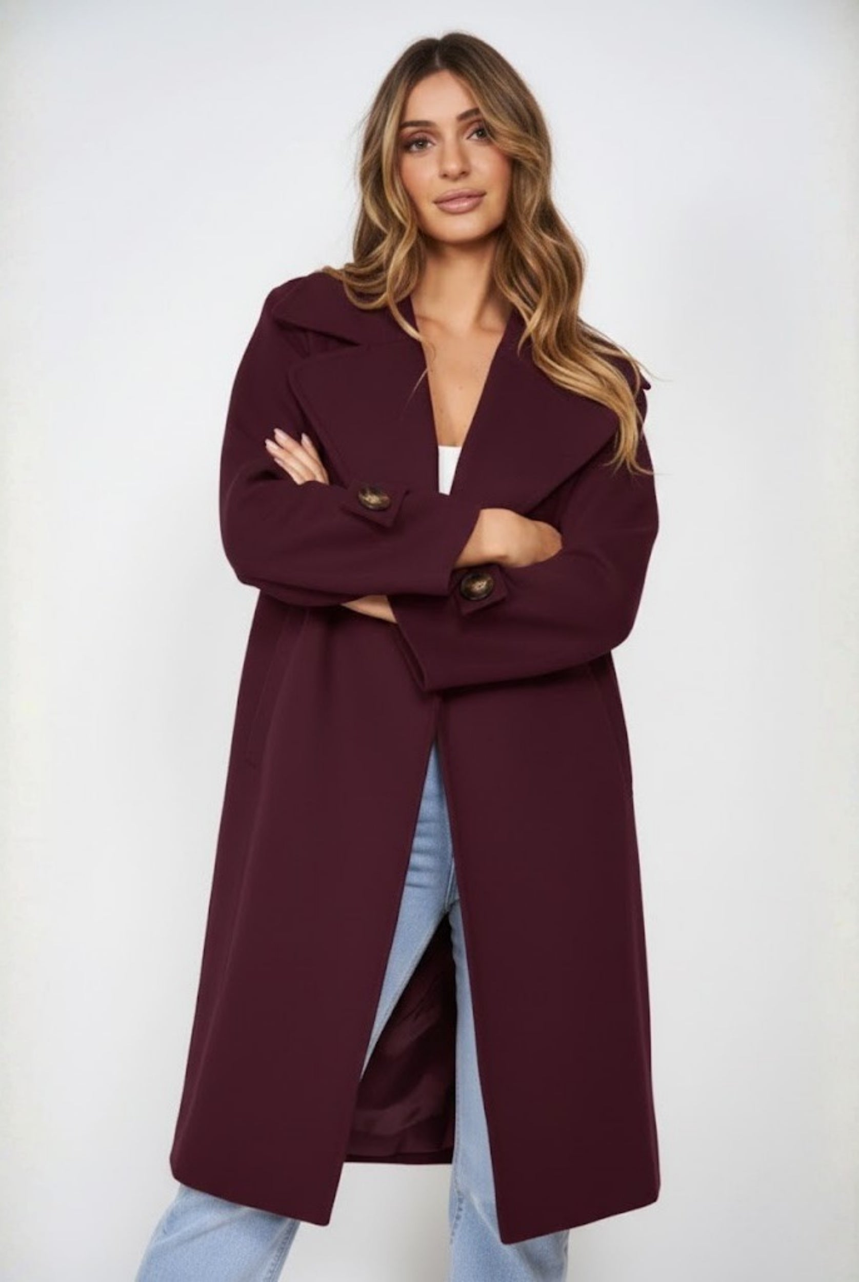 Fireplace Coat in Plum womens knit trench coat in deep plum front view