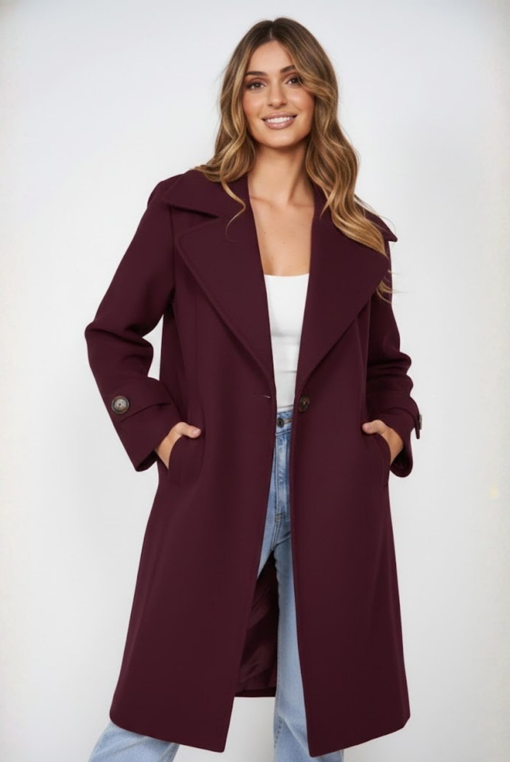 Fireplace Coat in Plum deep plum open-front knit coat with faux leather cuffs side view