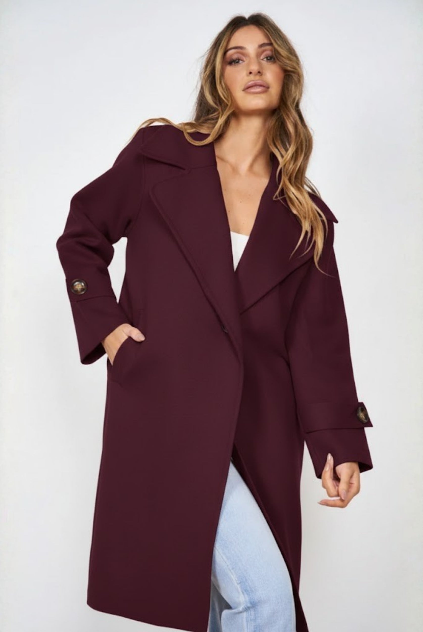 Fireplace Coat in Plum womens plum knit trench coat styled outfit back view