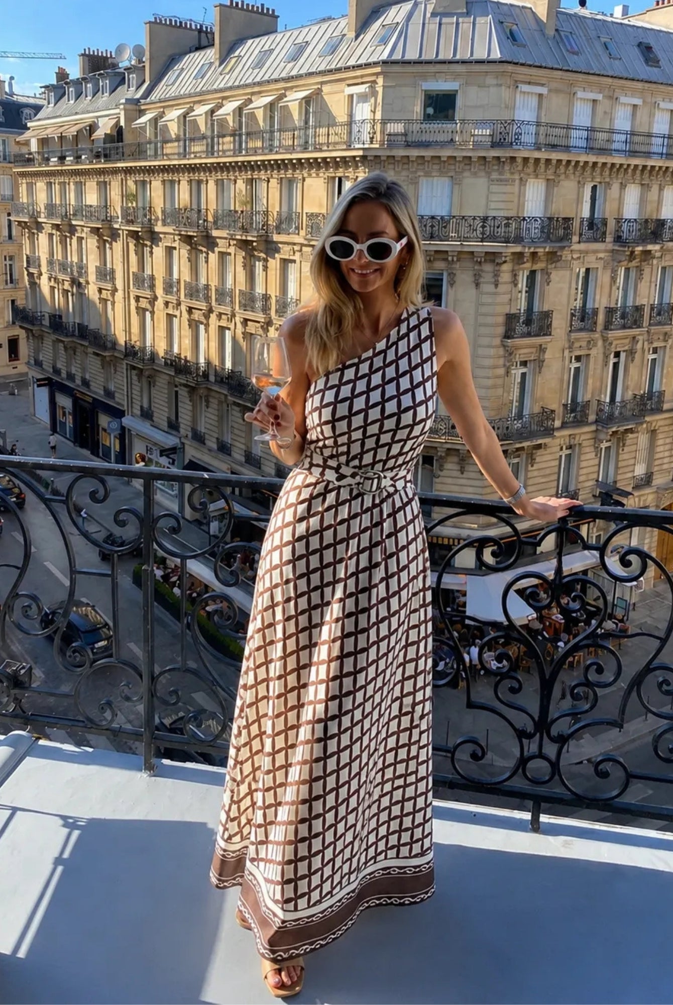 Women's cocoa check one shoulder maxi dress side view by Esther & Co