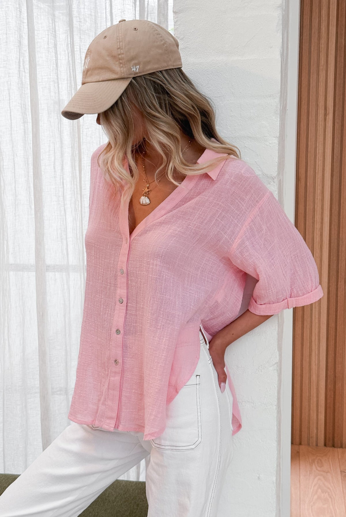 Fraise Top in Pink pink linen blouse with collar neckline styled outfit