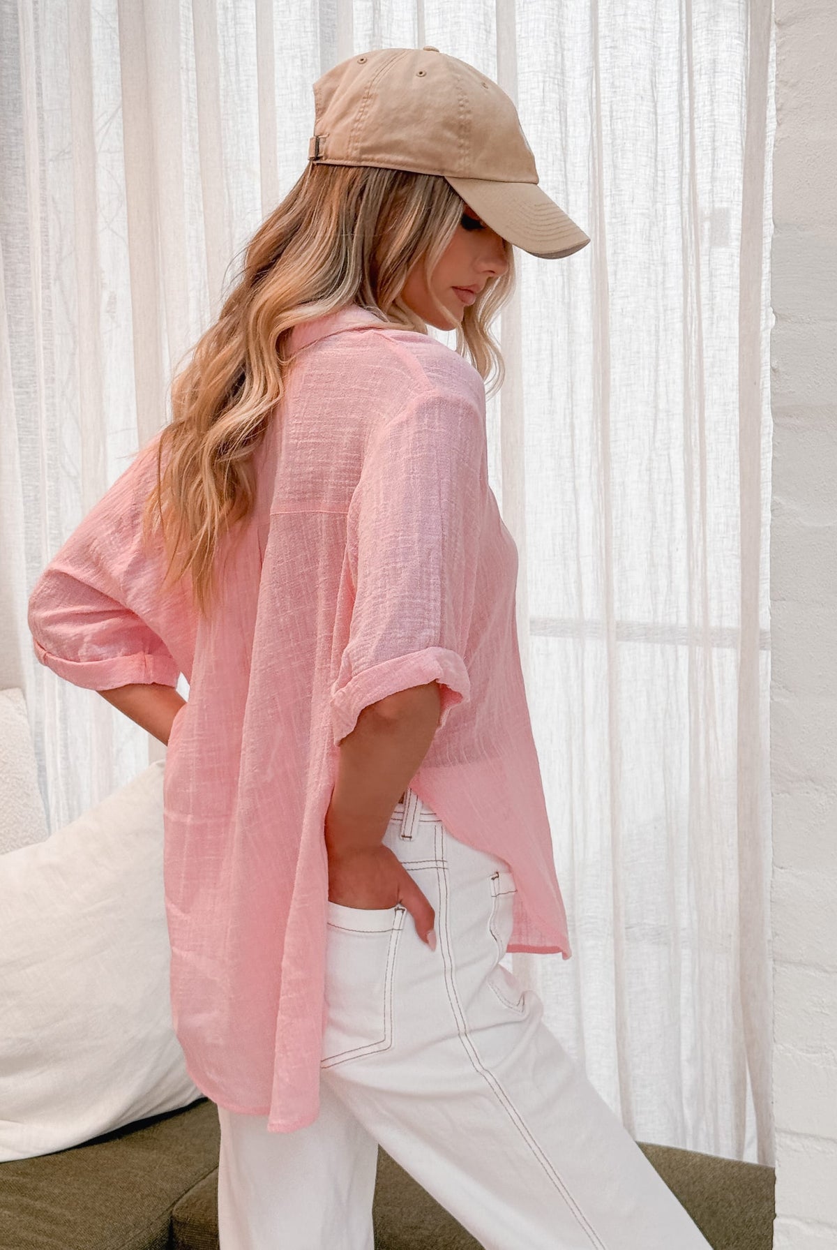Fraise Top in Pink womens pink linen blouse side view