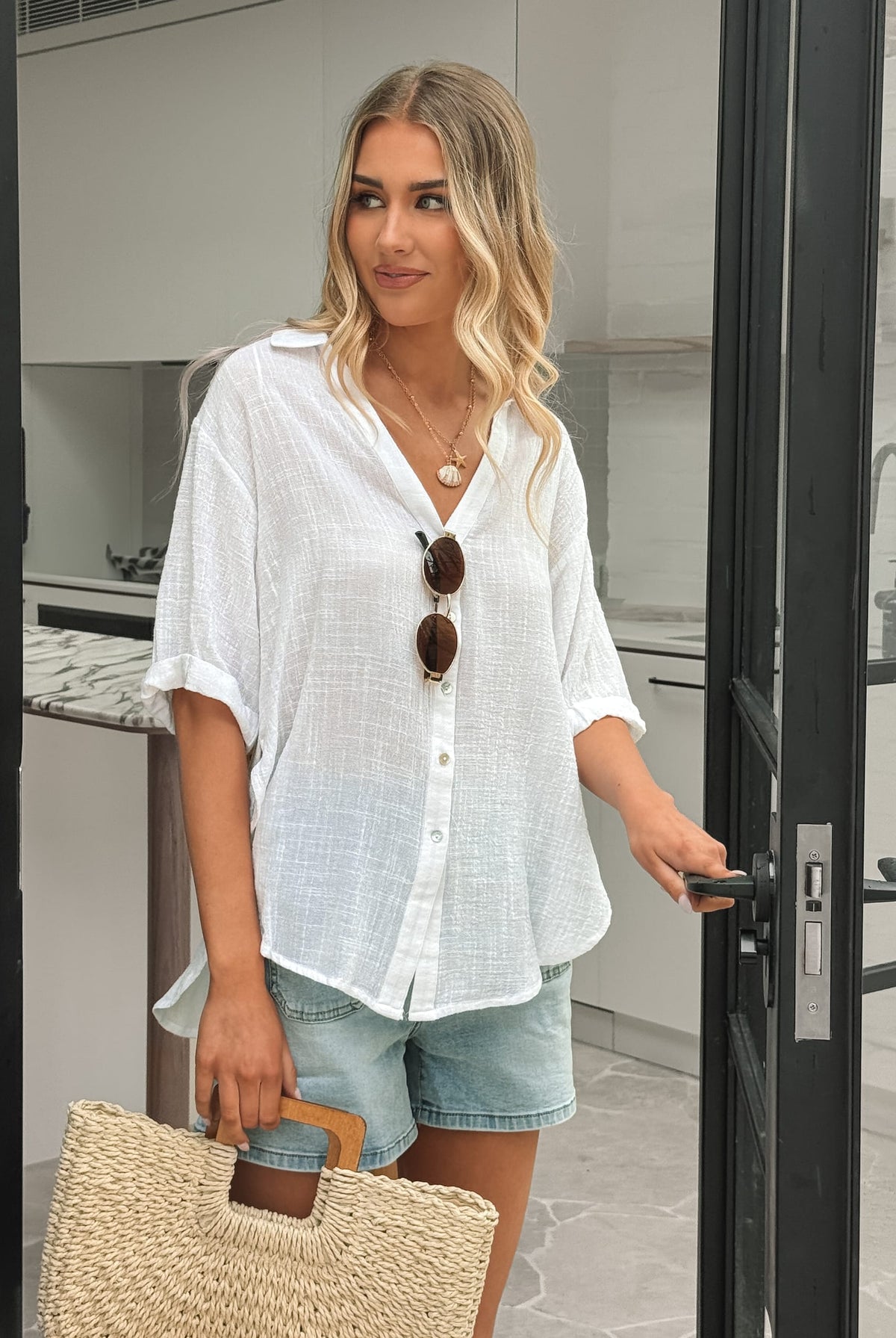 Fraise white linen blouse with collar, side view