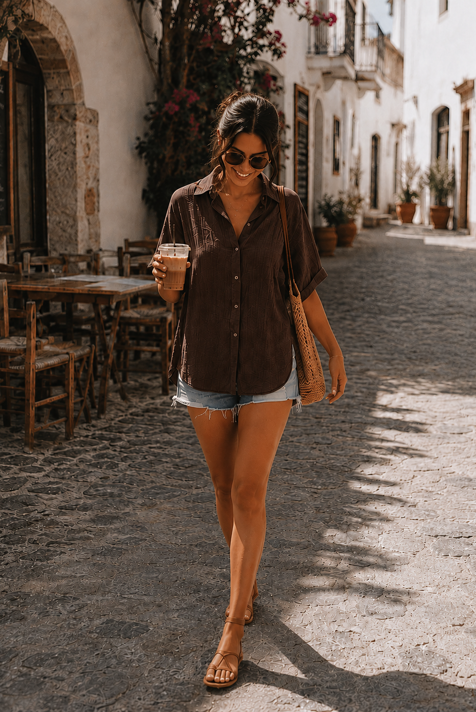 Women's cocoa linen blouse styled outfit by Esther & Co