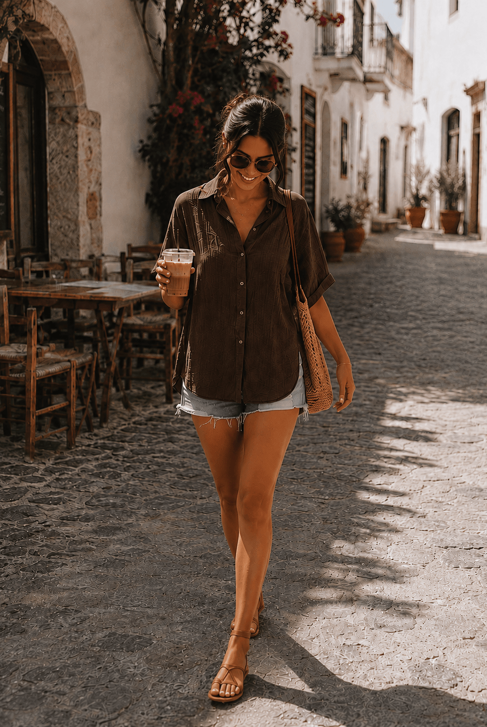 Women's cocoa linen blouse styled outfit by Esther & Co