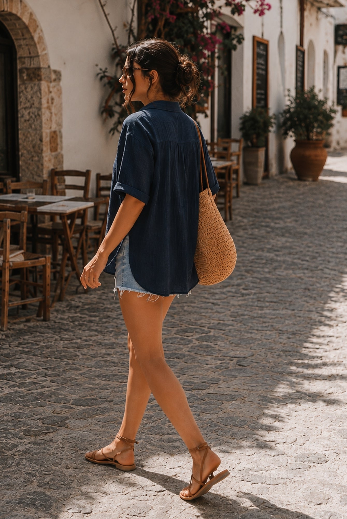 Women's navy top side view, the Fraise Top in Navy by Esther & Co