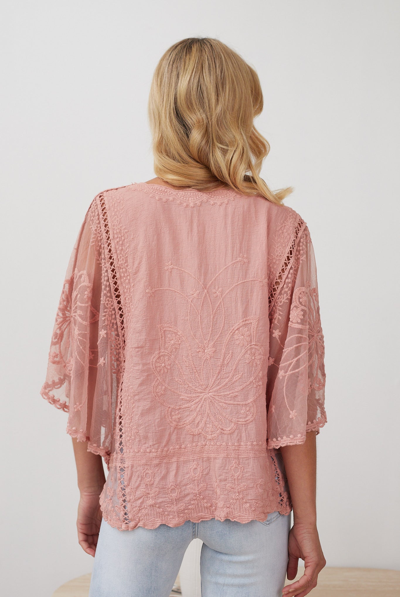 Gabrielle Top in Pink womens pink lace blouse styled outfit