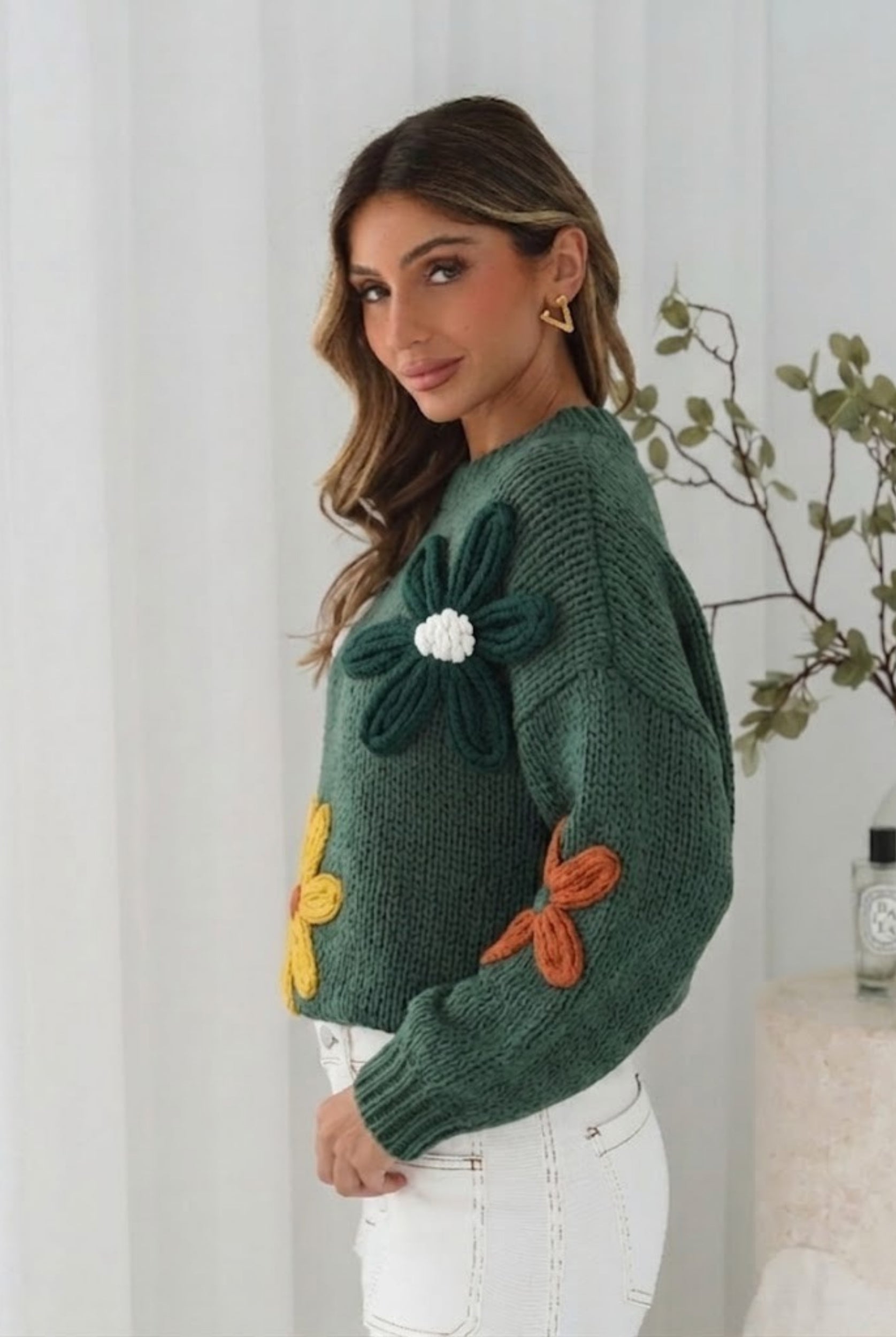 Garena Knit in Khaki Print womens khaki floral applique knit jumper styled outfit