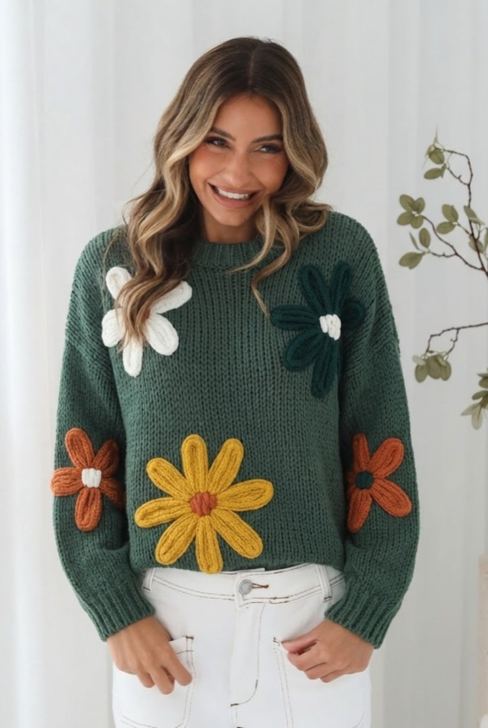 Garena Knit in Khaki Print womens floral applique knit jumper in khaki front view