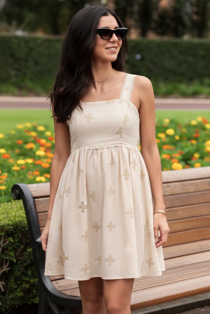 Women's beige floral print mini dress, the Mckenna Beige Print Dress by Esther & Co