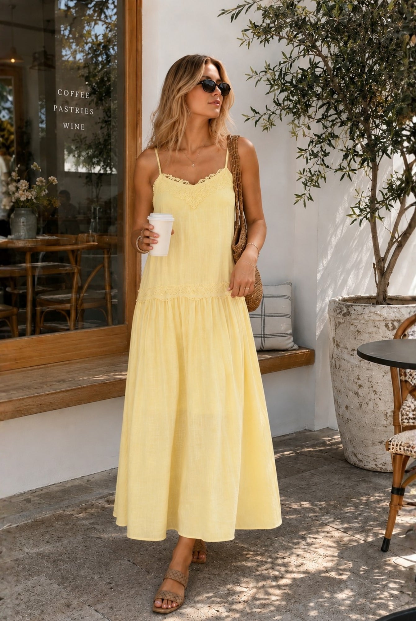 Women's pastel yellow lace detail midi dress, the Glynnis Dress in Primrose Yellow by Esther & Co