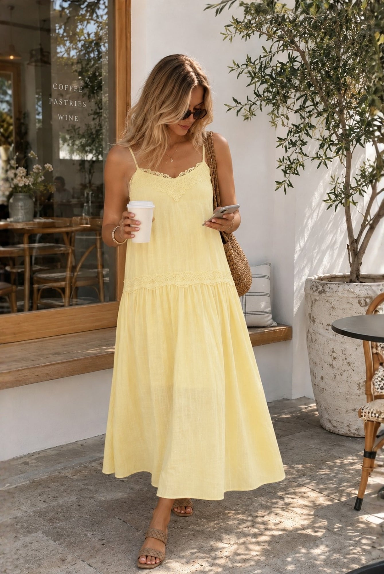 Women's pastel yellow v-neck midi dress, the Glynnis Dress in Primrose Yellow by Esther & Co