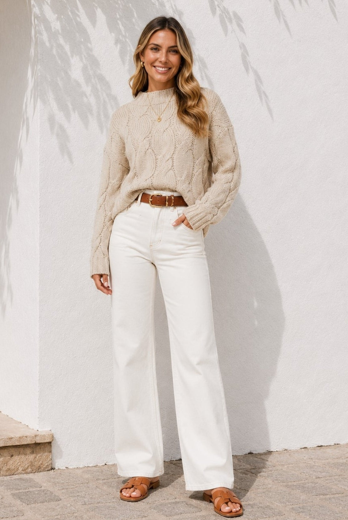 Women's beige relaxed fit knit jumper with high round neckline, the Hadi Knit in Beige by Esther & Co