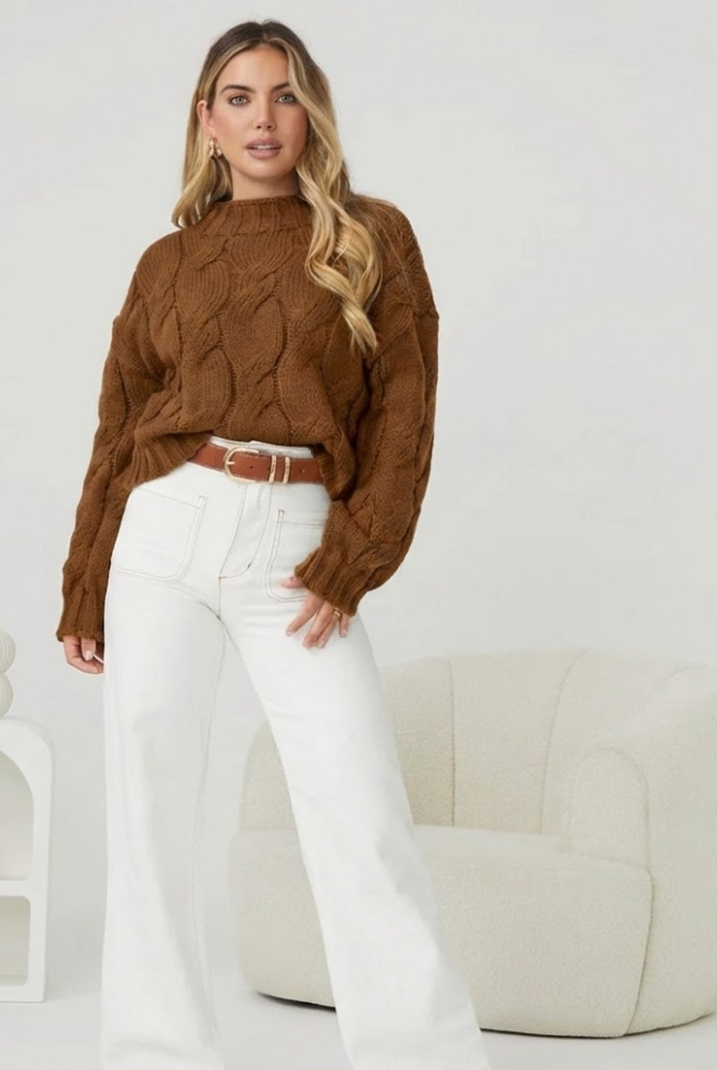 Hadi Knit in Cinnamon womens earthy cinnamon cable knit jumper back view