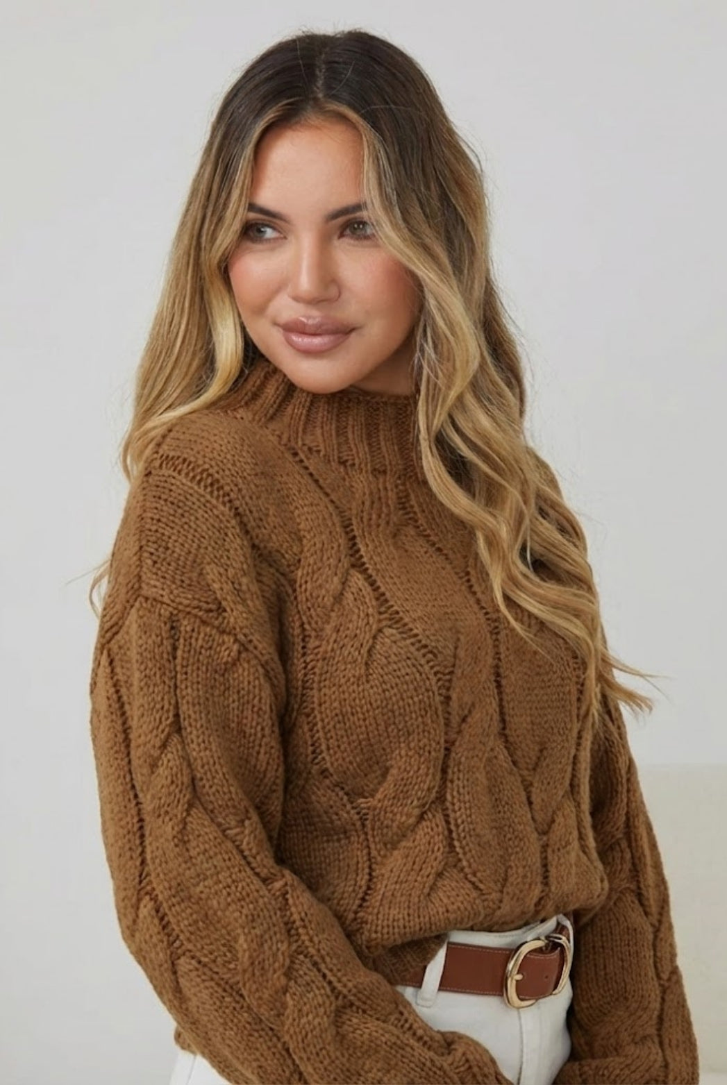 Hadi Knit in Cinnamon womens cinnamon chunky cable knit jumper styled outfit