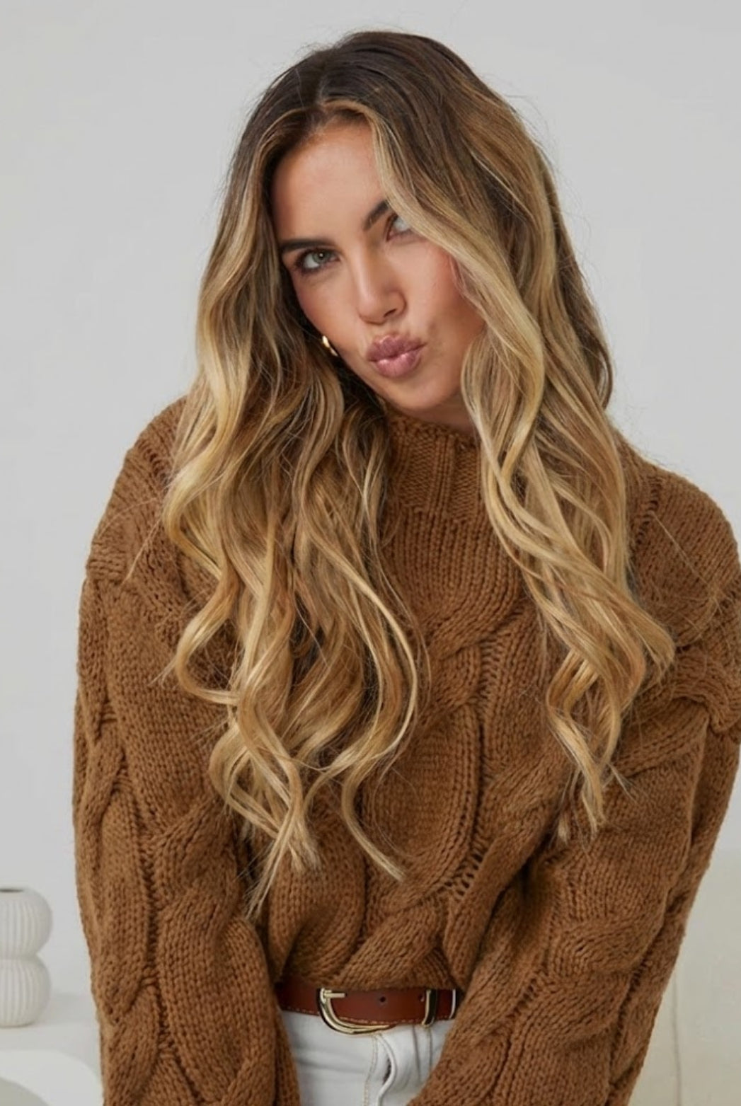 Hadi Knit in Cinnamon womens cable knit jumper in warm cinnamon front view