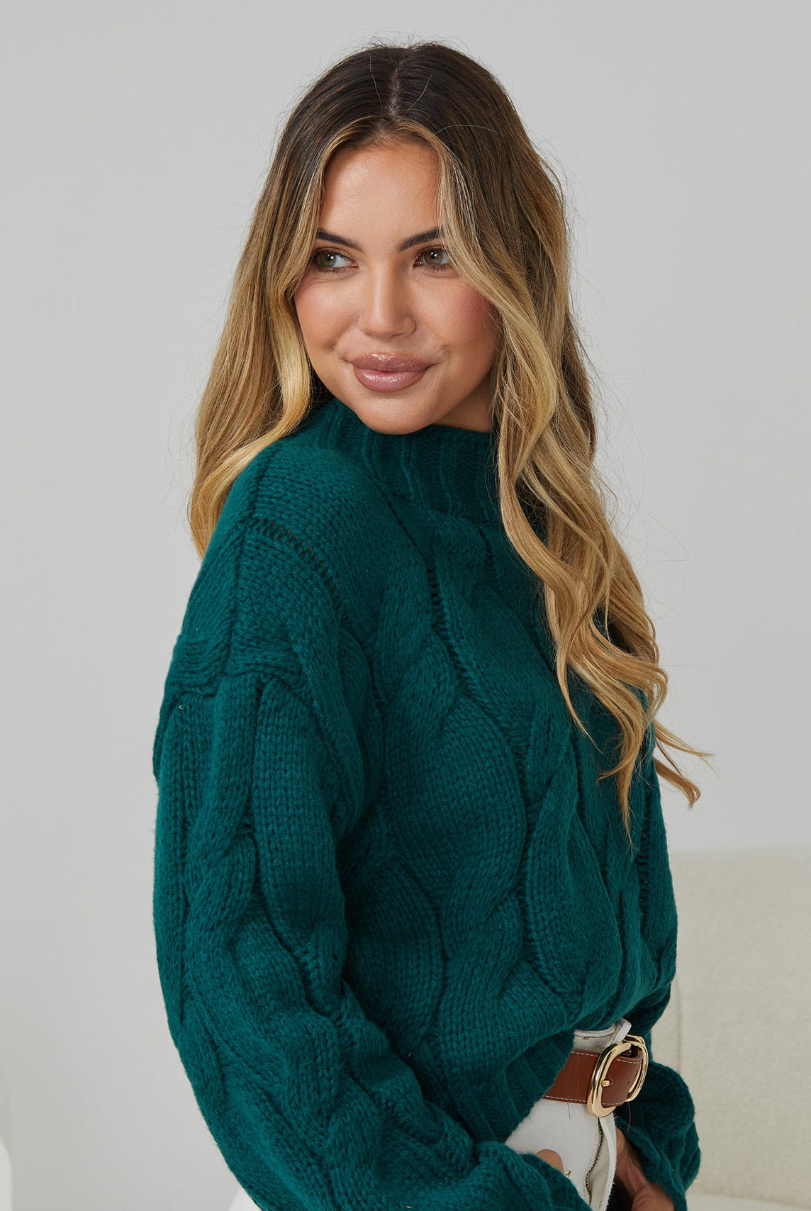 Hadi dark green knit jumper, styled view