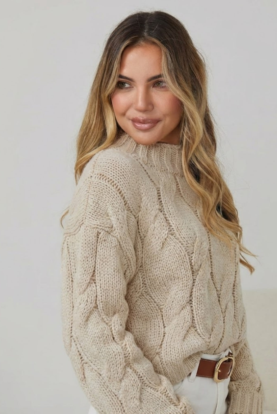 Hadi Knit in Latte womens latte cable knit jumper close up texture detail