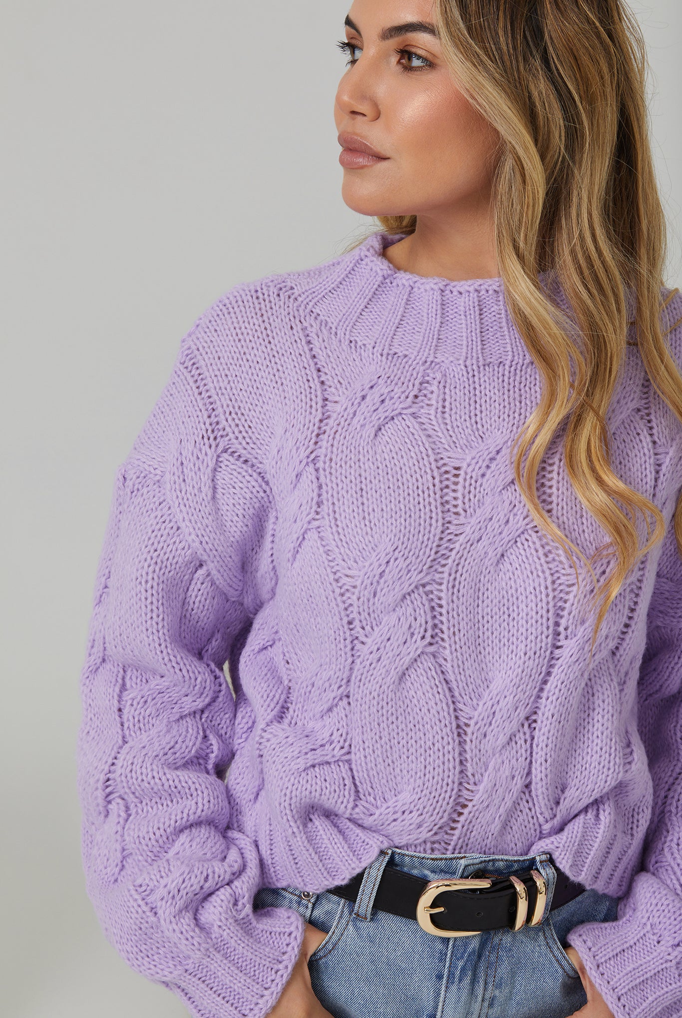 Full length view of the Hadi Knit in Lilac by Esther and Co showing the beautiful cool-toned lilac colour and relaxed fit