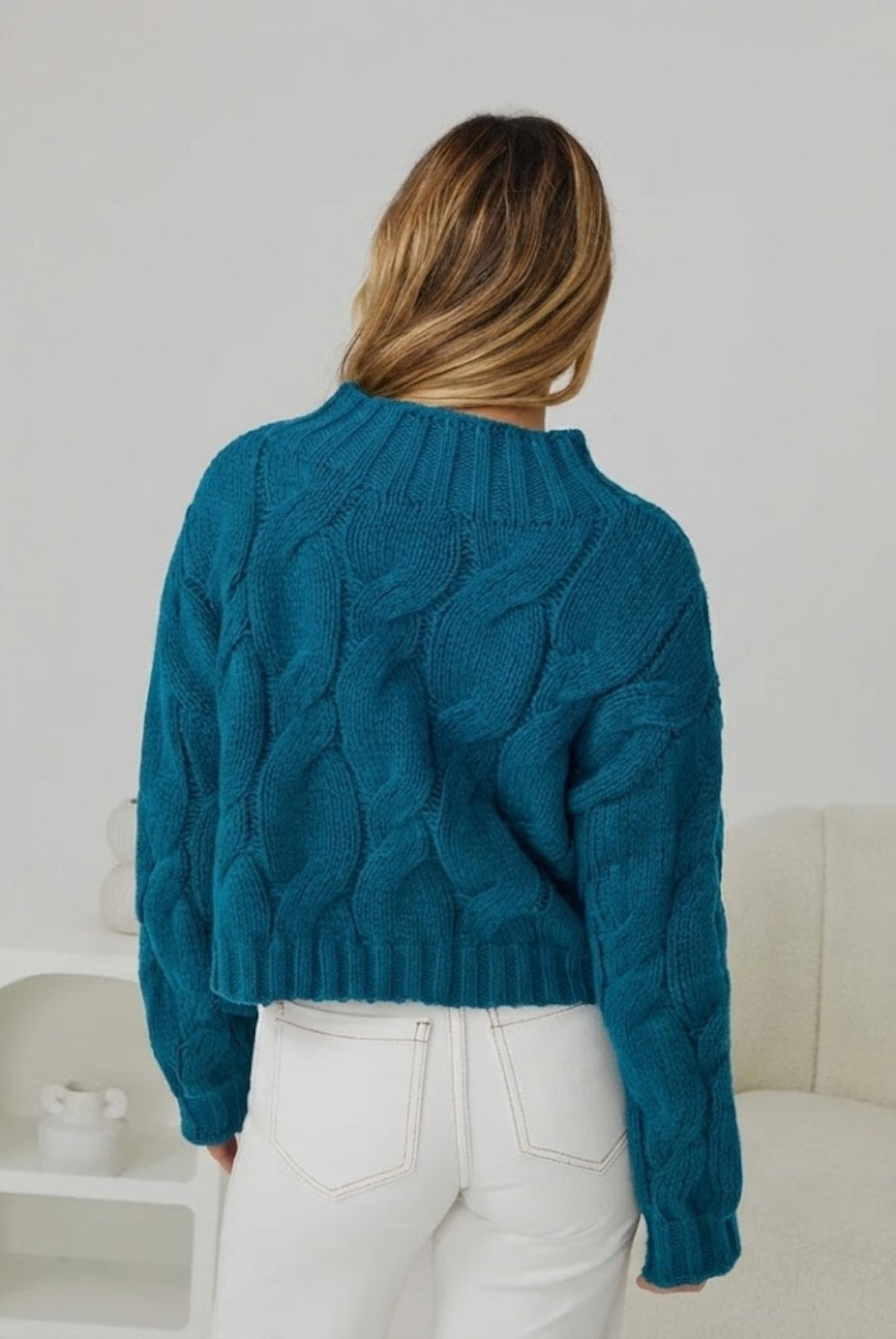 Hadi Knit in Teal womens teal acrylic knit jumper close up neckline detail