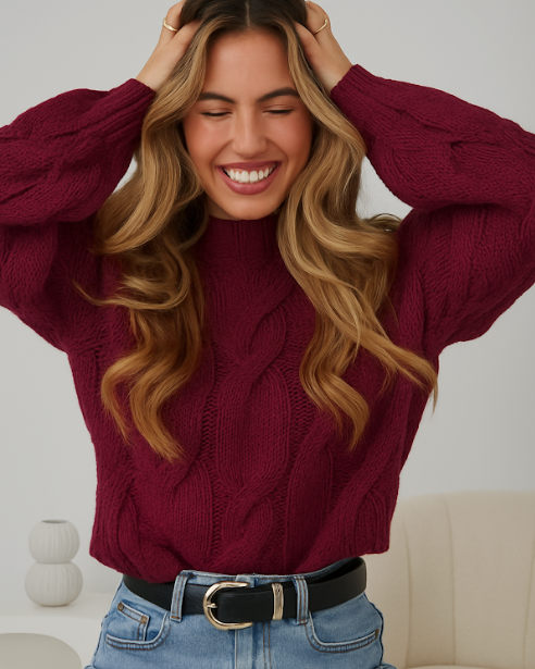 Woman wearing a burgundy sweater and blue jeans, sitting on a white couch.