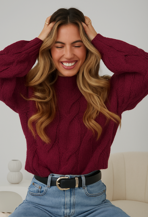 Woman wearing a burgundy sweater and blue jeans, sitting on a white couch.