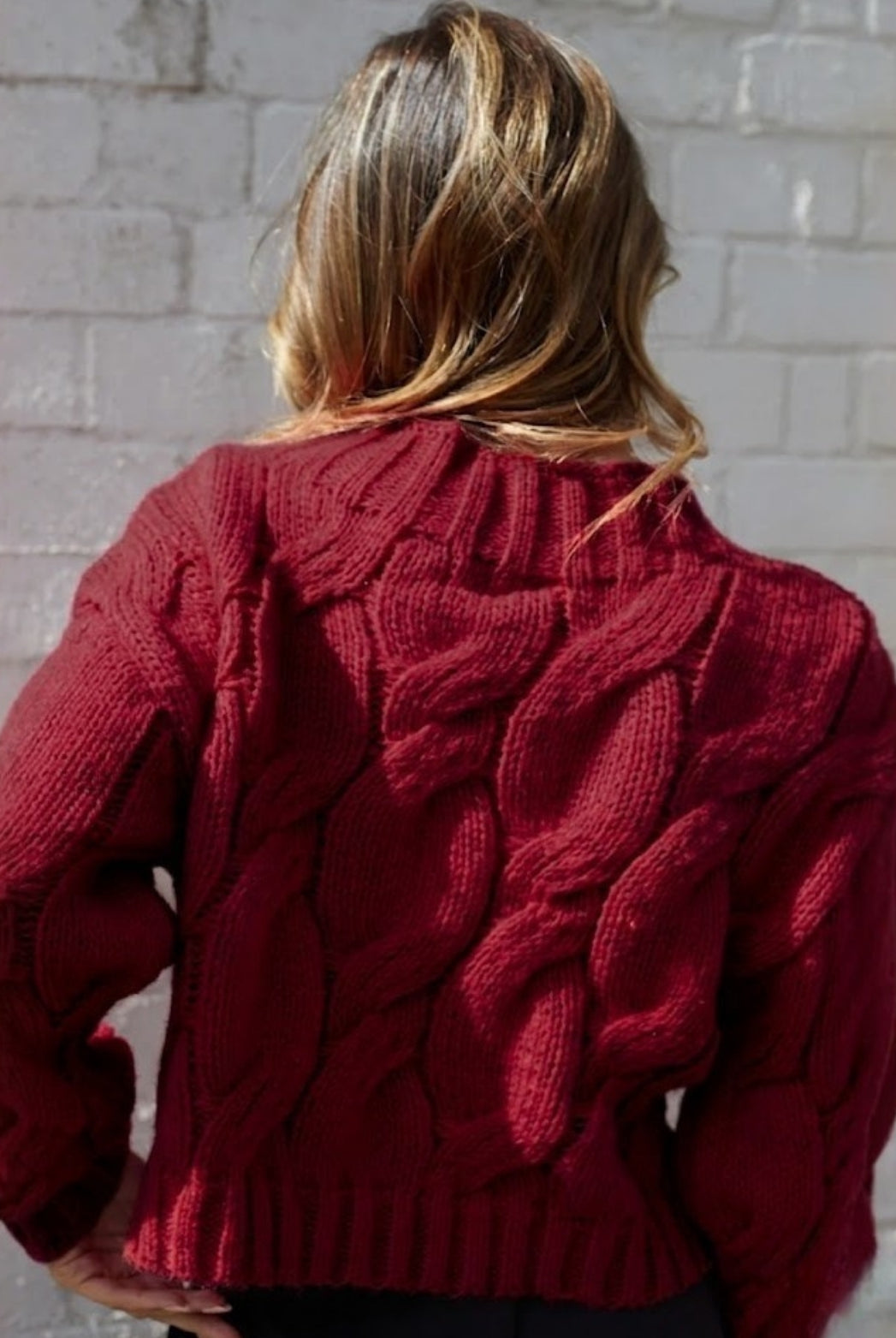 Hadi Knit in Wine wine acrylic knit jumper close up detail