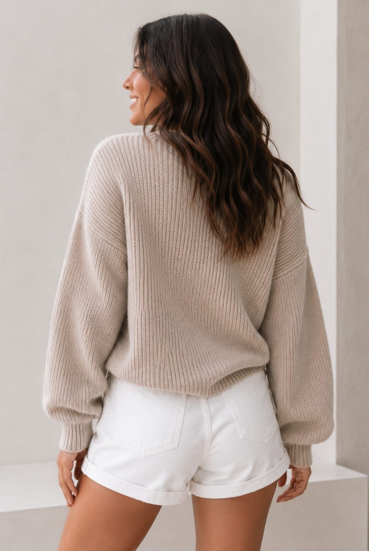 Women's cappuccino wool blend round neck jumper, the Harvie Knit in Cappuccino by Esther & Co