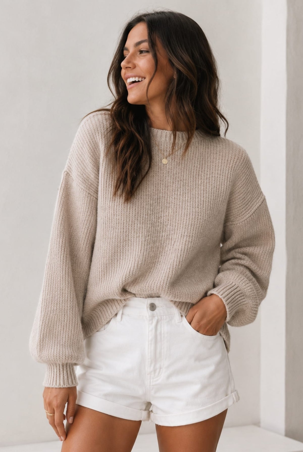 Women's cappuccino wool blend jumper side view, the Harvie Knit in Cappuccino by Esther & Co