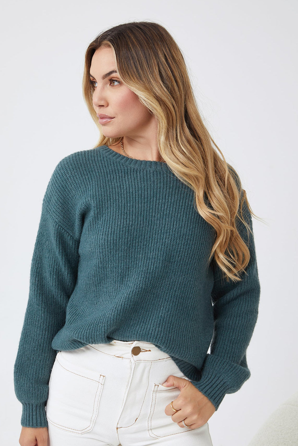 Front view of the Harvie Petrol Knit Jumper showing the classic round neckline and relaxed fit